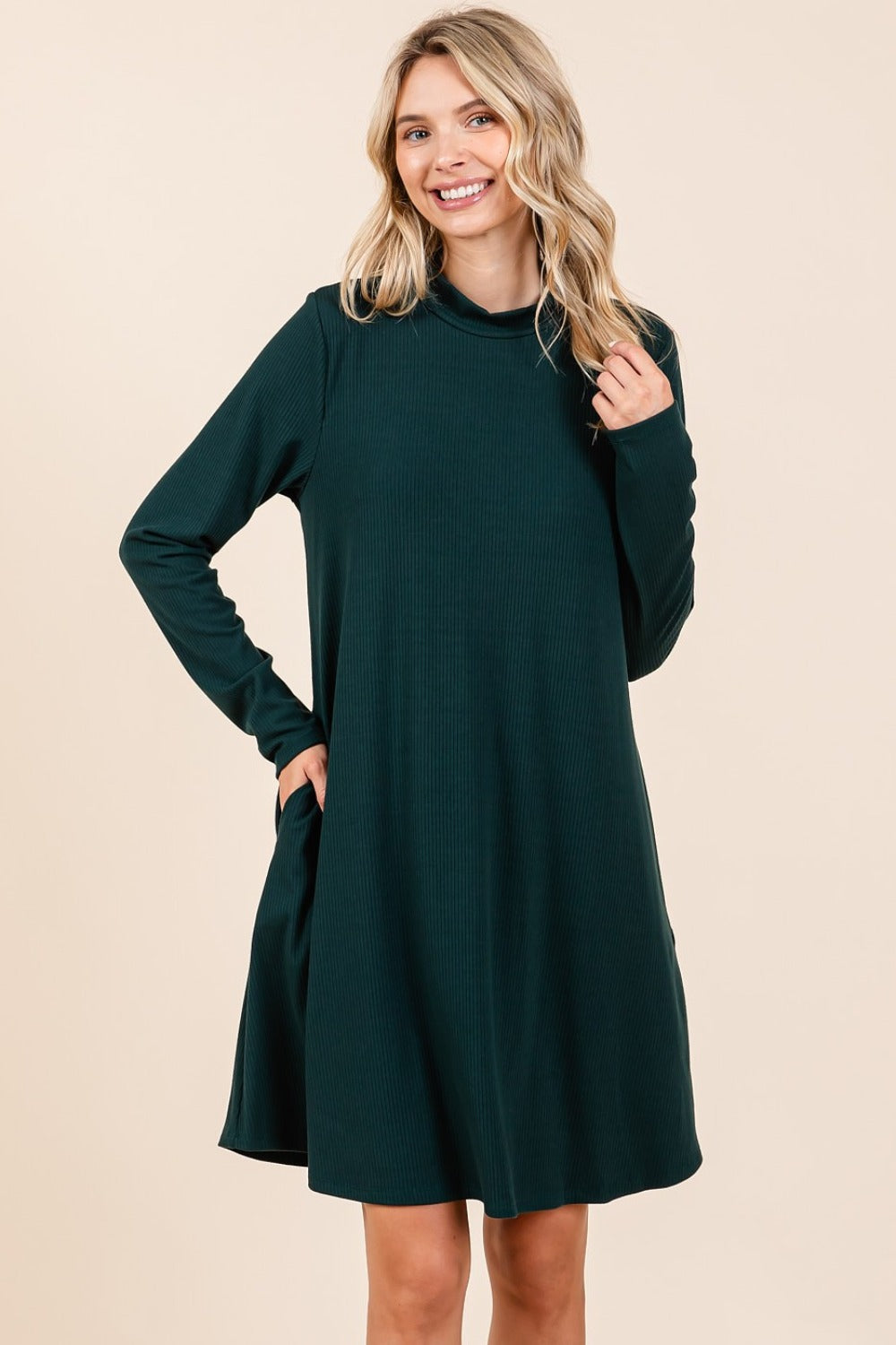 Mittoshop Mock Neck Long Sleeve Dress with Pockets  Trendsi Hunter Green S 