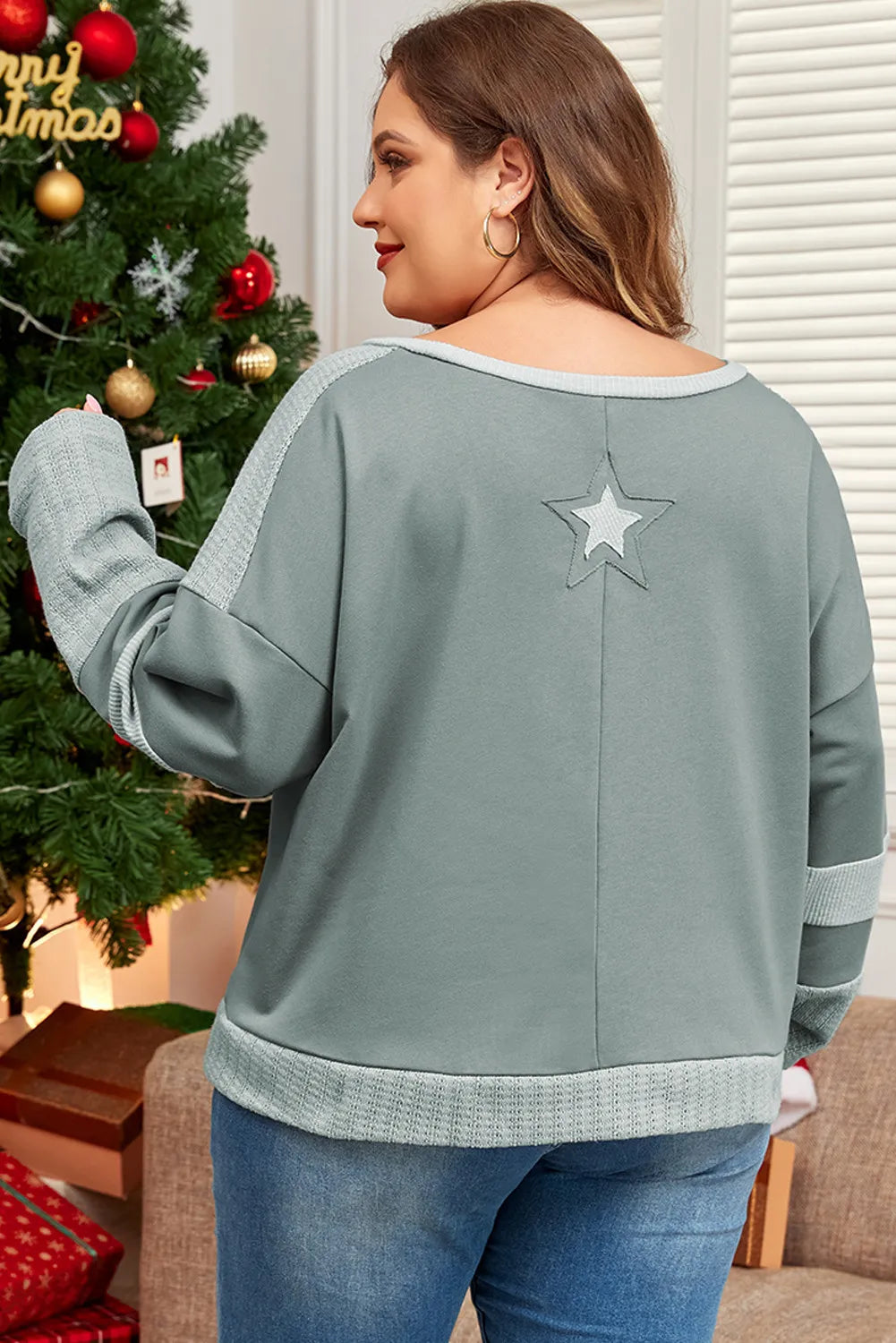 Plus Size Star Round Neck Long Sleeve Top Blouse Trendsi   