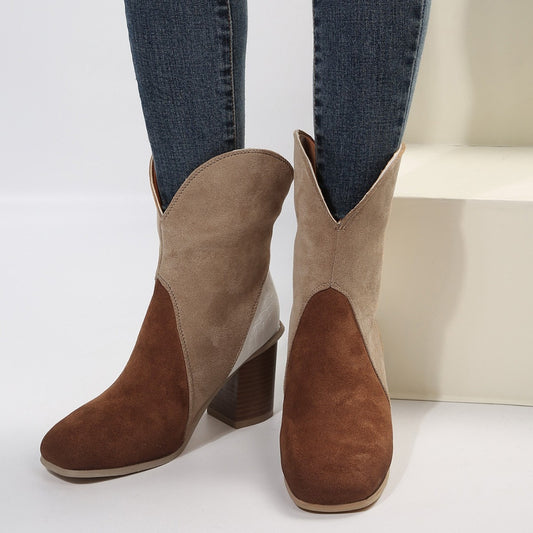 Suede Square Toe Block Heel Boots  Trendsi Brown 36(US5) 