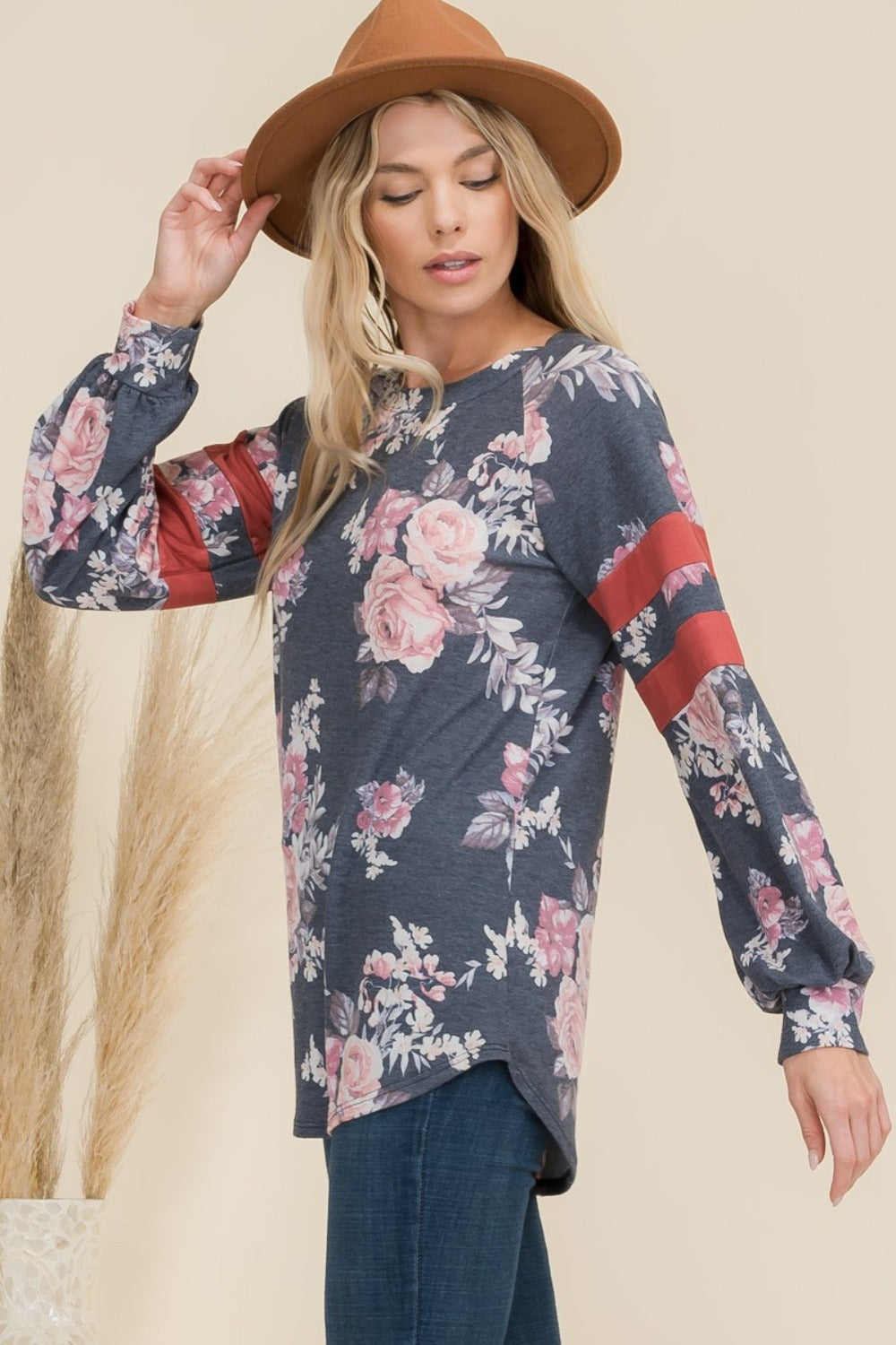 Celeste Full Size Floral Curved Hem T-Shirt with Stripe Detail  Trendsi   