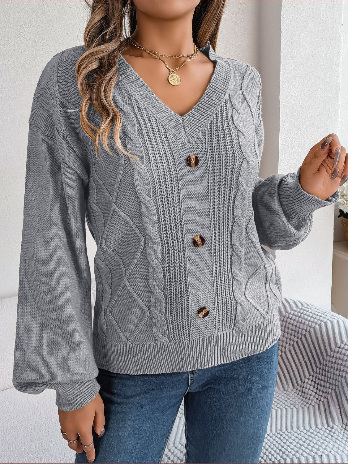 Cable-Knit Buttoned V-Neck Sweater  Trendsi   