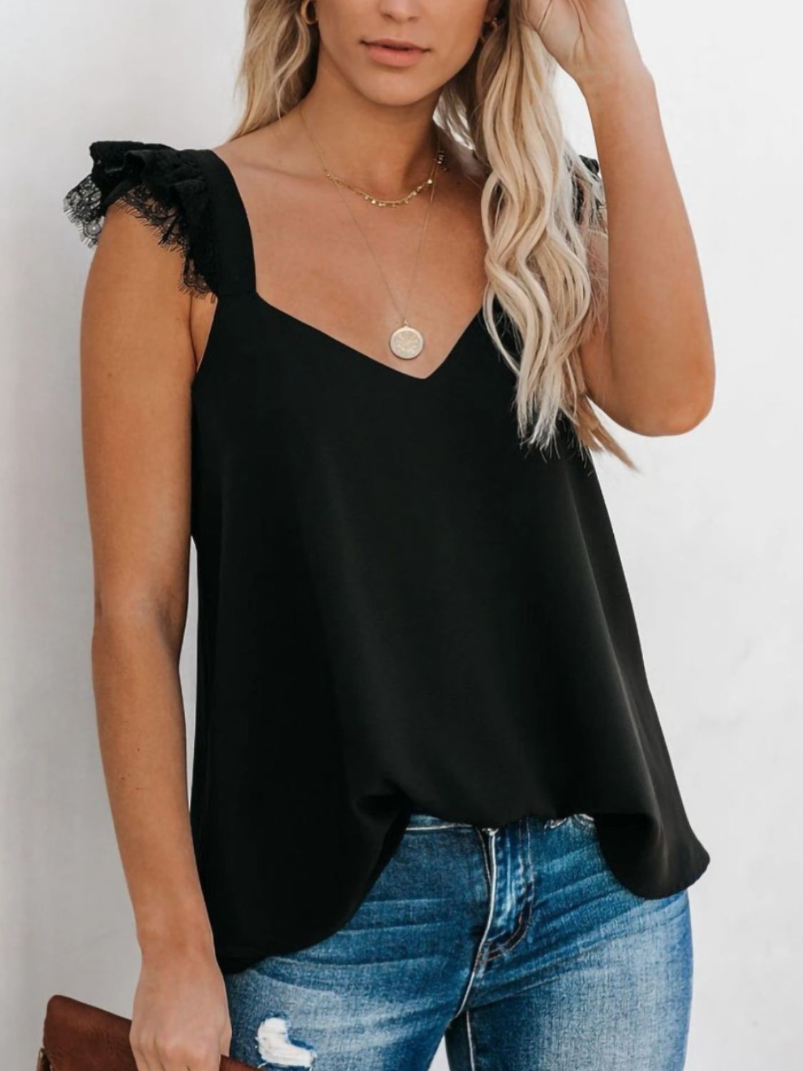 Lace Detail V-Neck Cap Sleeve Blouse Blouse Trendsi   