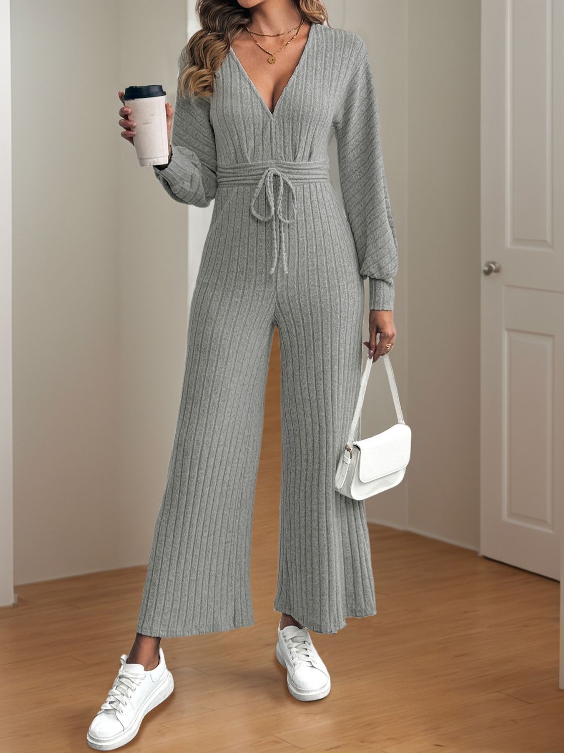 V-Neck Long Sleeve Wide Leg Jumpsuit  Trendsi   