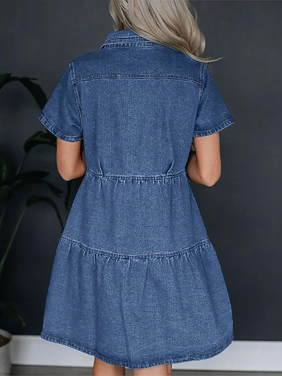 Pocketed Button Up Collared Neck Short Sleeve Denim Dress Dress Trendsi Dusty Blue S 