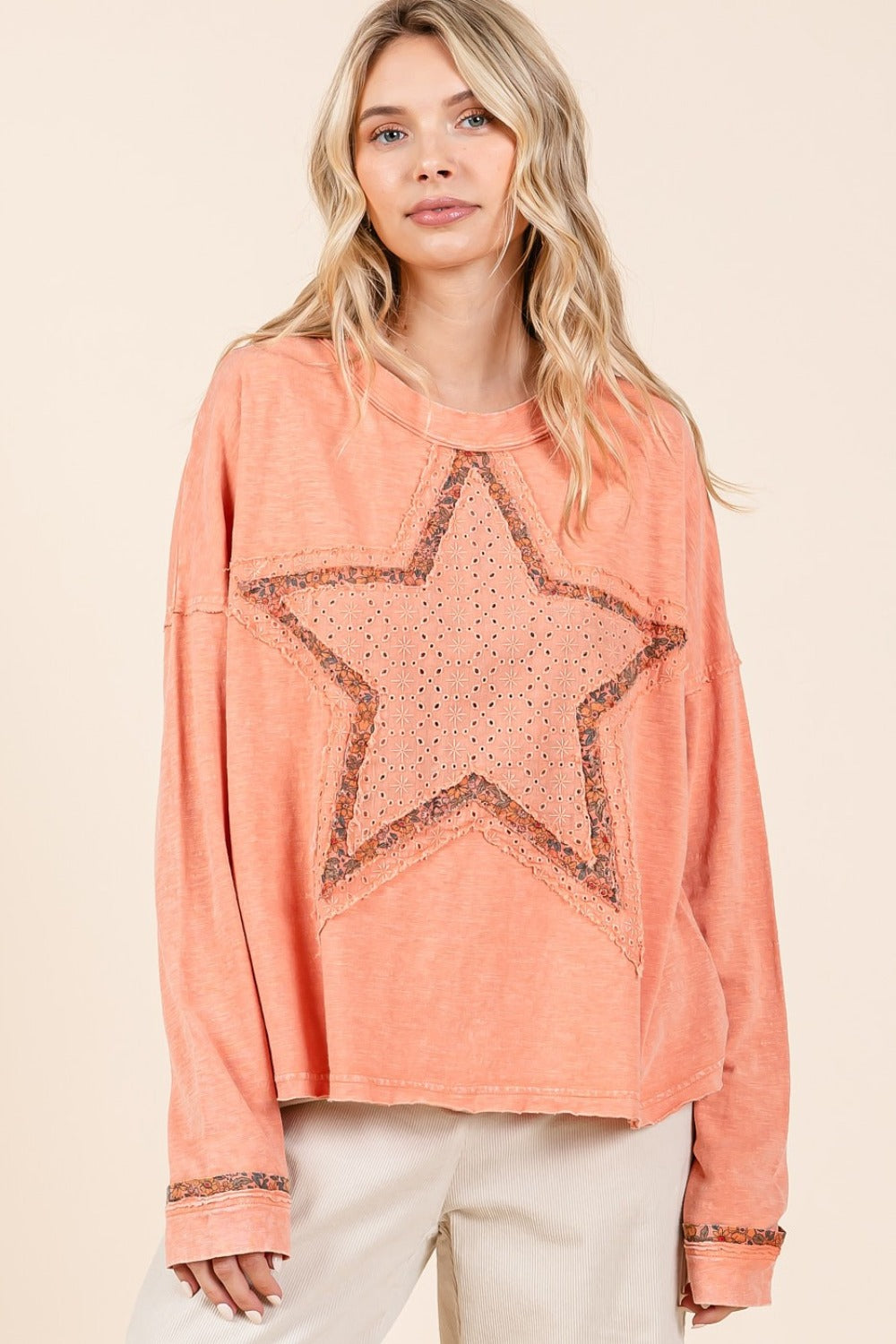 Mittoshop Mineral Wash Star Patch Long Sleeve T-Shirt  Trendsi   