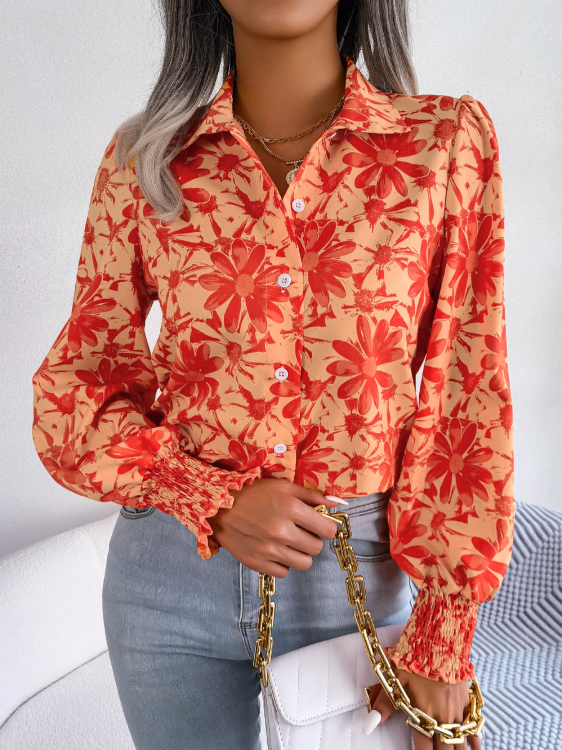 Floral Collared Neck Long Sleeve Shirt Blouse Trendsi   