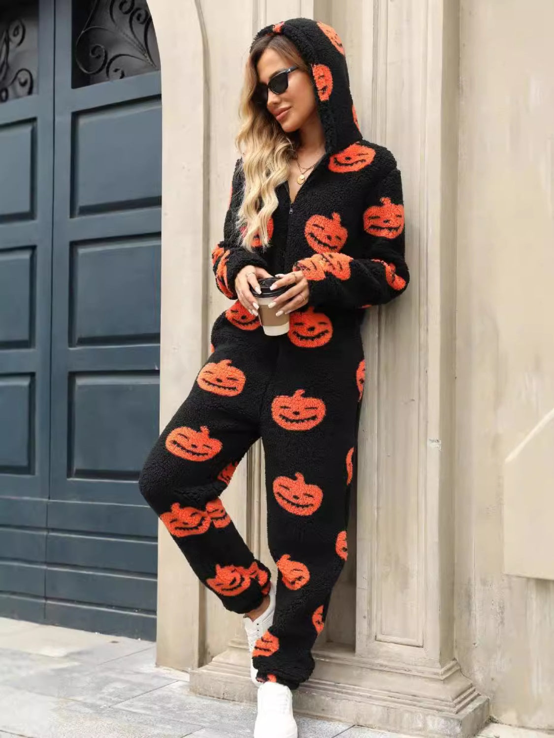 Fuzzy Pumpkin Half Zip Hooded Jumpsuit  Trendsi   