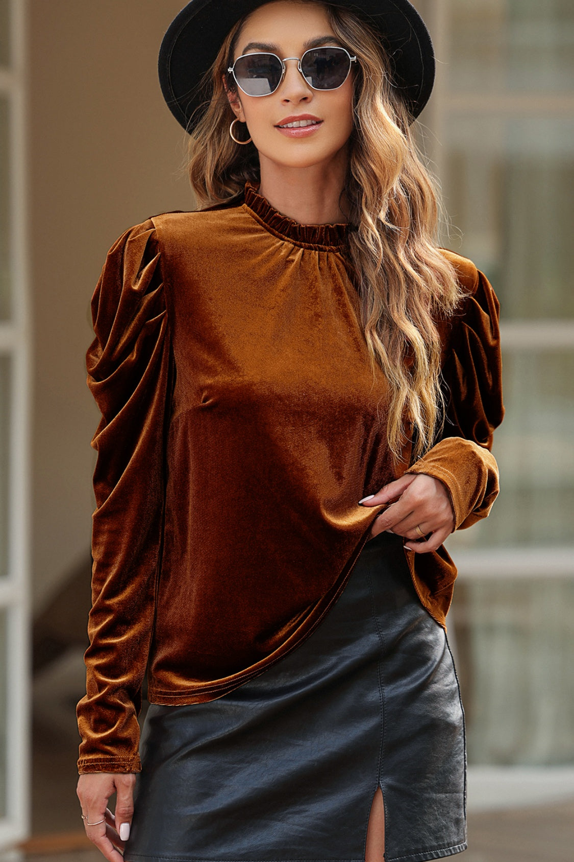 Round Neck Puff Sleeve Velvet Blouse Blouse Trendsi Brown S 