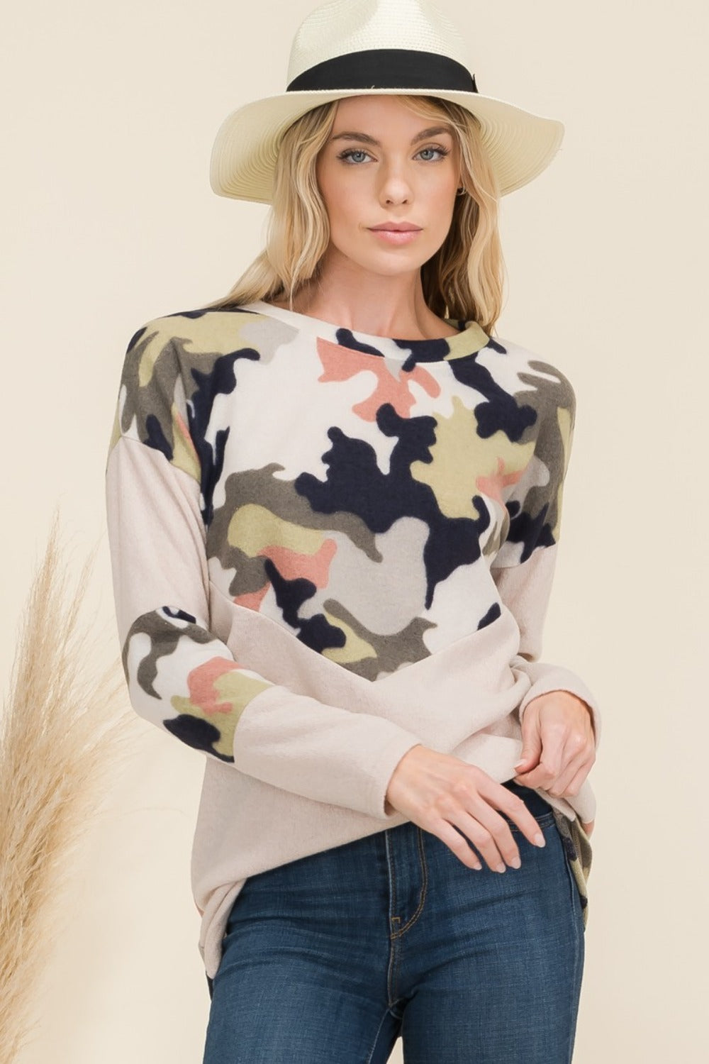 Celeste Full Size Camo Print Contrast Long Sleeve T-Shirt  Trendsi   