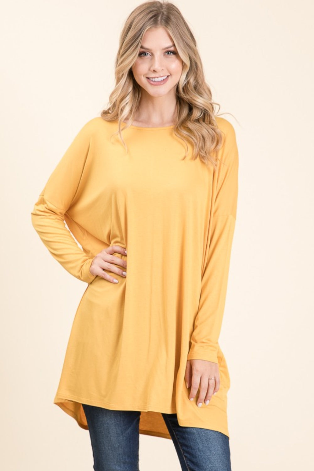 BOMBOM Round Neck Long Sleeve Oversized Top  Trendsi Yellow S 