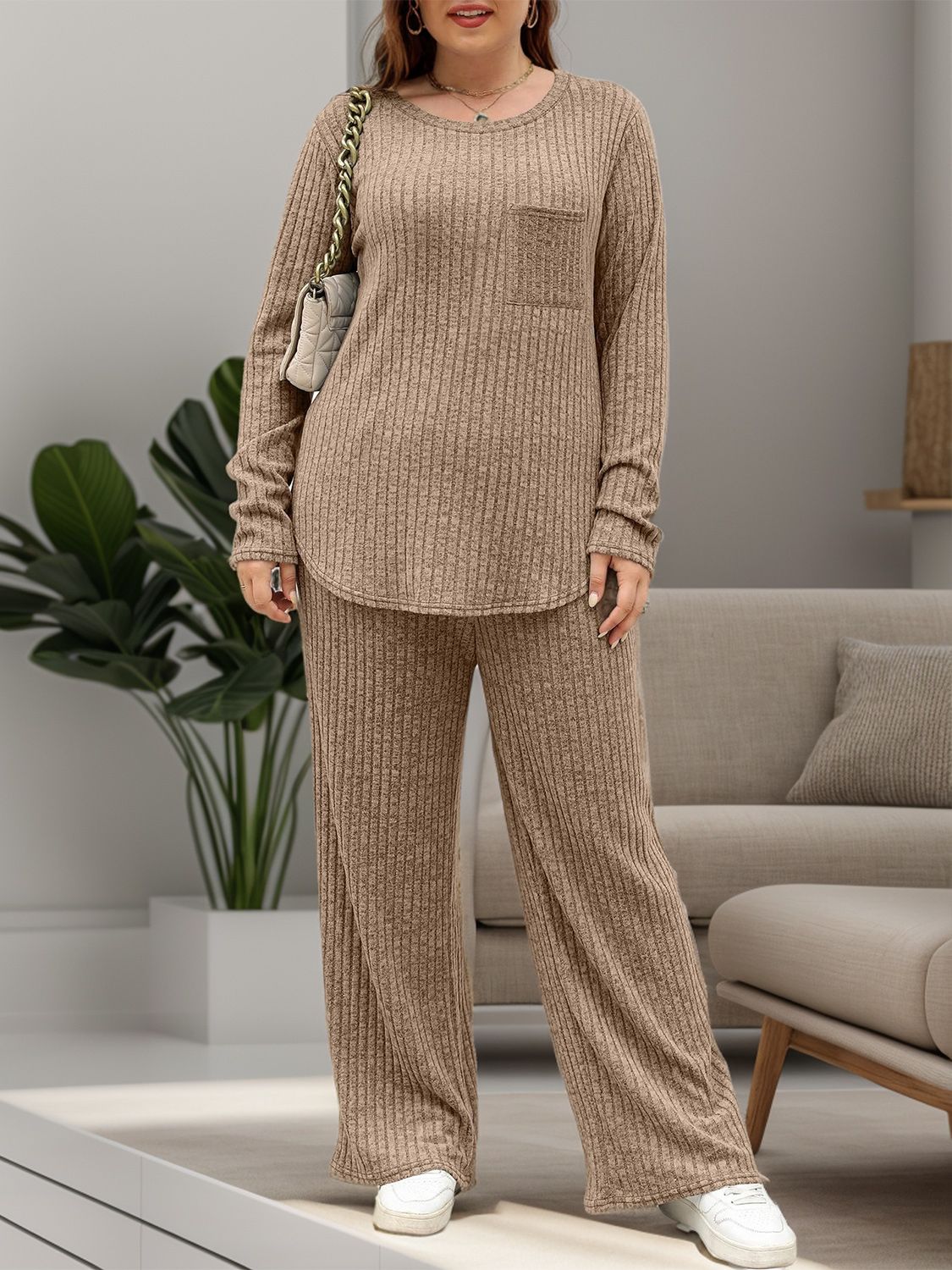 Round Neck Long Sleeve Top and Pants Set  Trendsi   