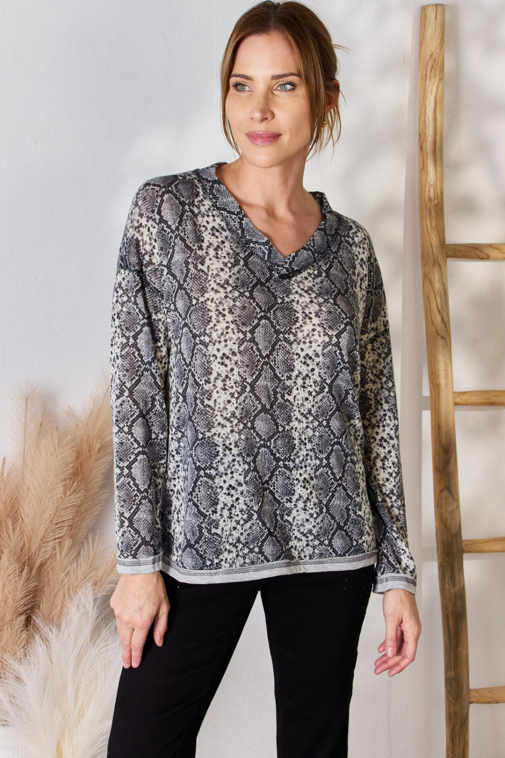 Hailey & Co Full Size Snakeskin V-Neck Long Sleeve Top  Trendsi   