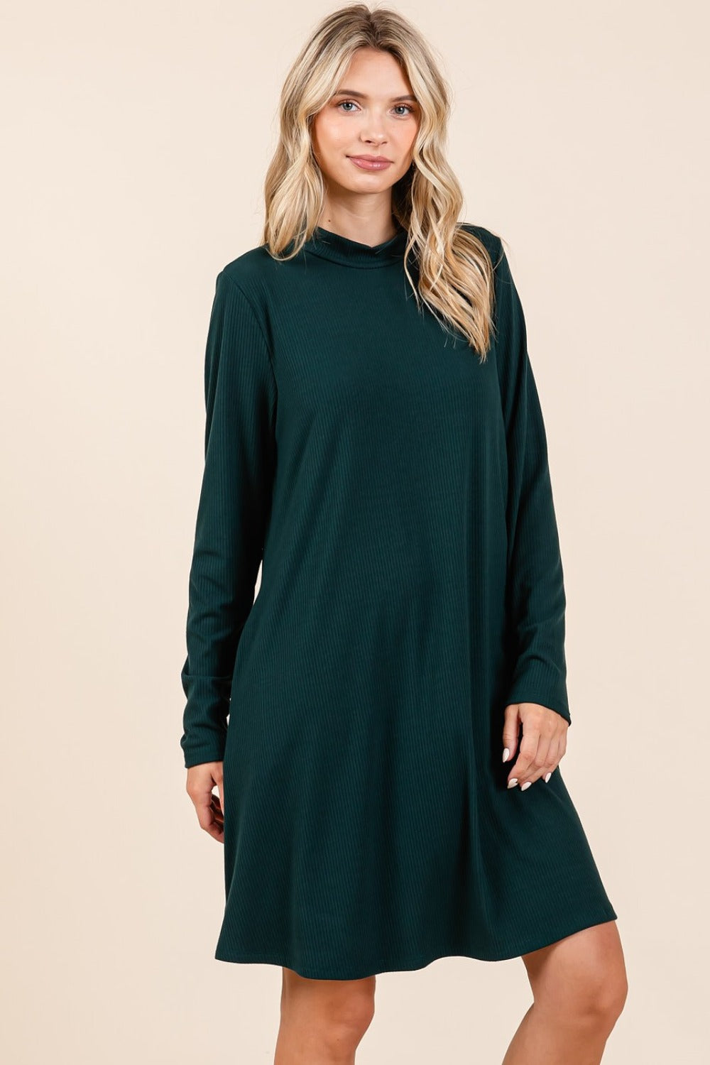 Mittoshop Mock Neck Long Sleeve Dress with Pockets  Trendsi   