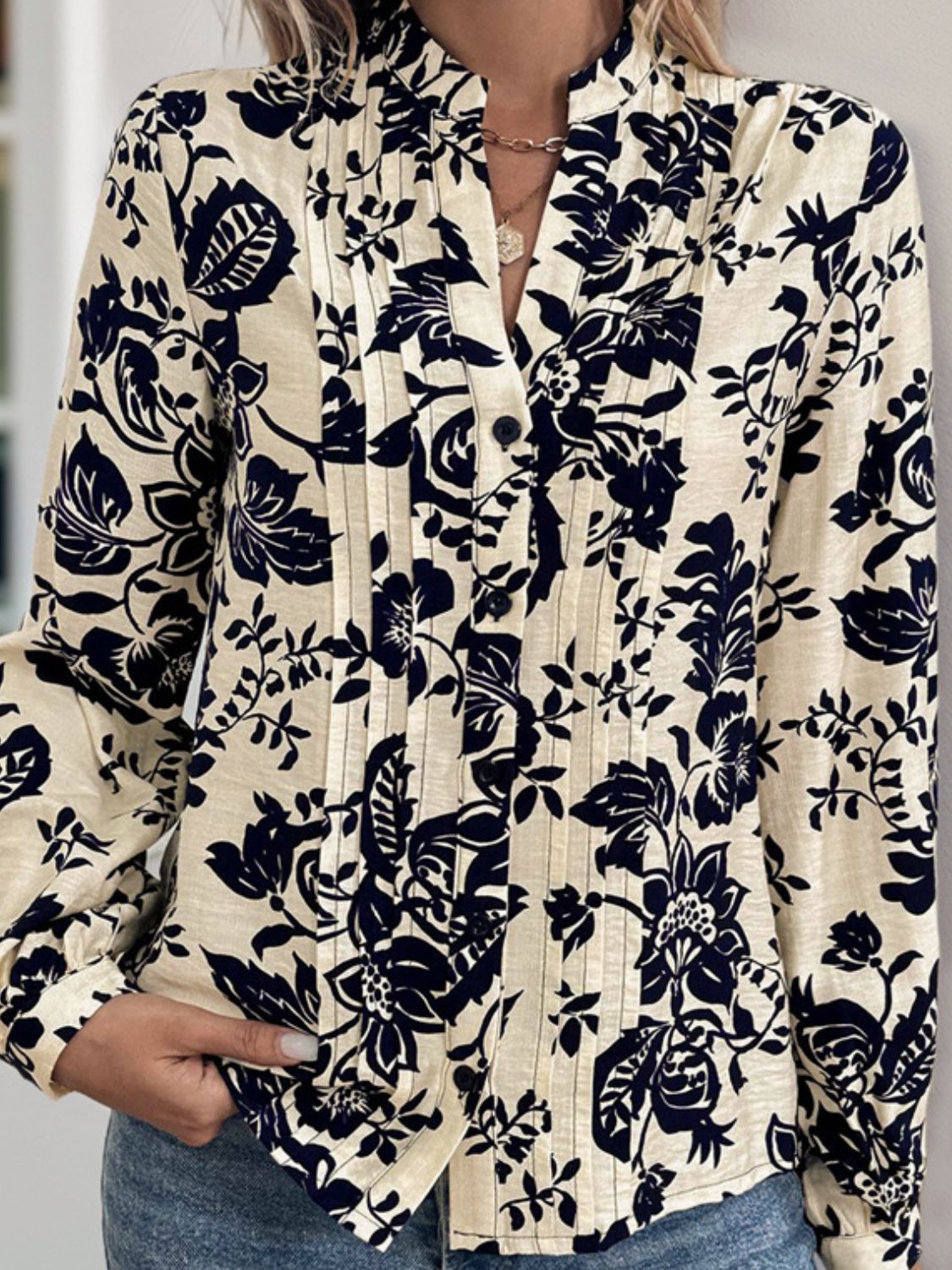 Perfee Printed Notched Long Sleeve Shirt  Trendsi   