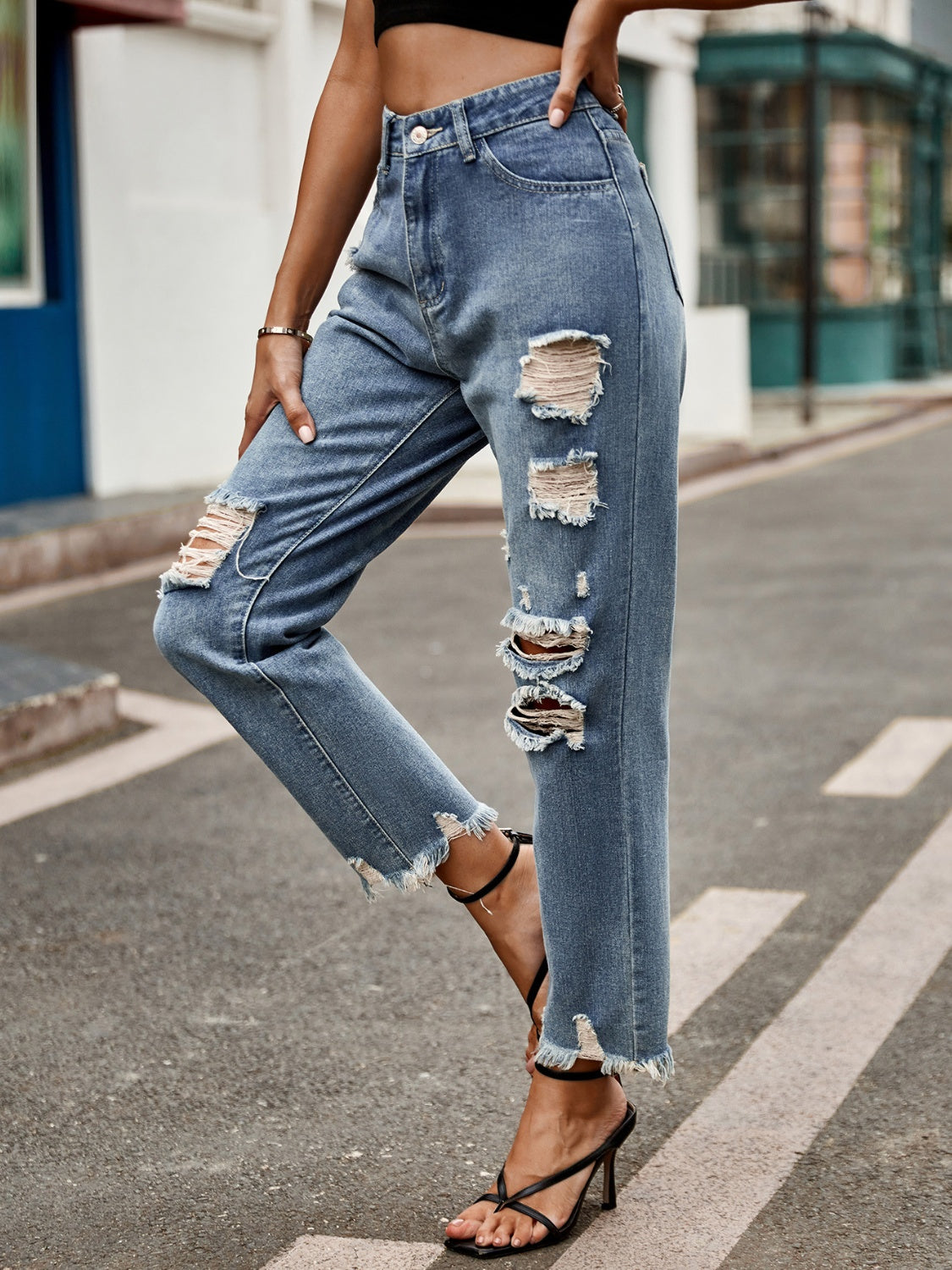 Distressed Raw Hem Jeans with Pockets  Trendsi   