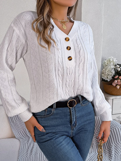 Cable-Knit V-Neck Long Sleeve Sweater  Trendsi   