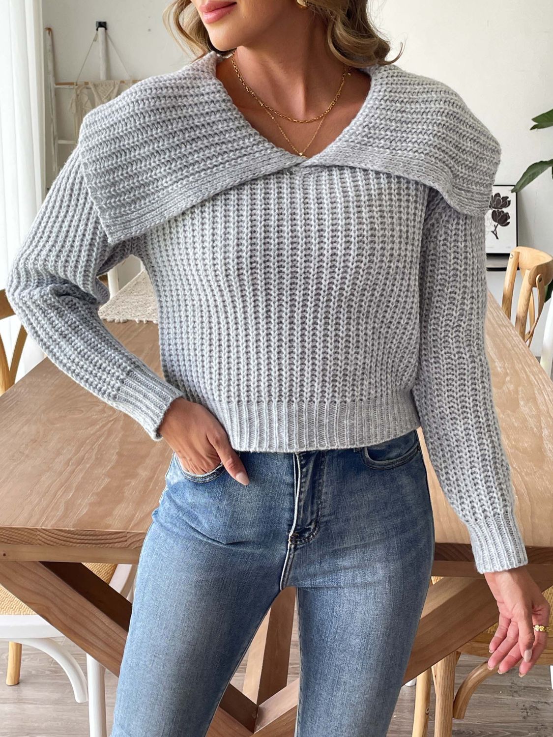 Cable-Knit Long Sleeve Sweater  Trendsi Gray S 