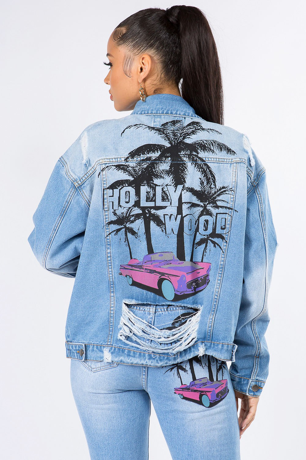 American Bazi Graphic Distressed Long Sleeve Denim Jacket  Trendsi   