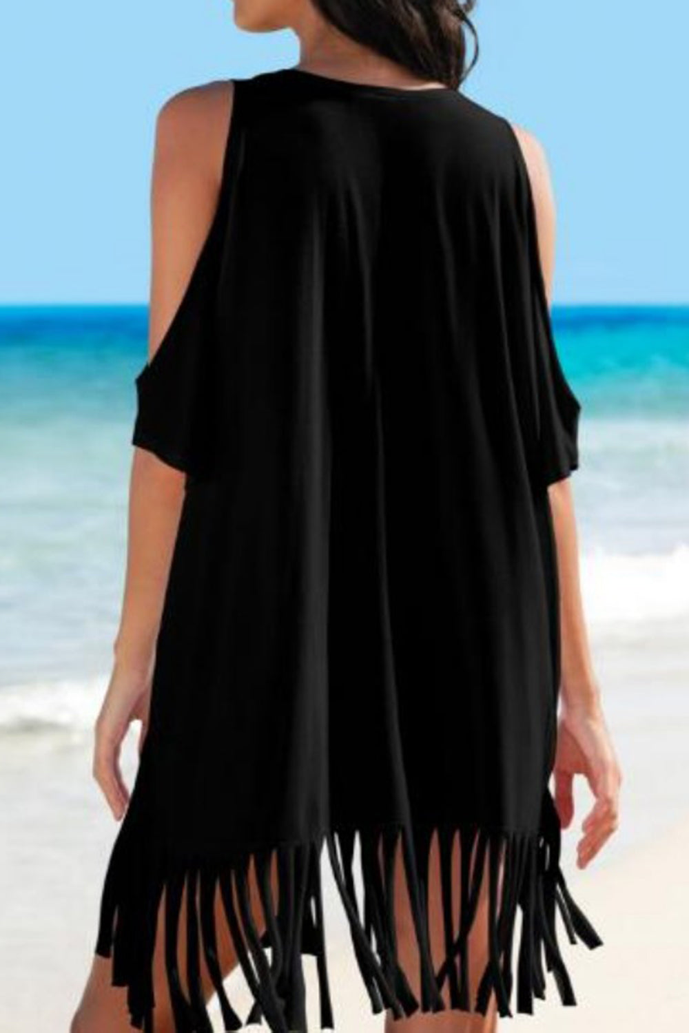 Fringe V-Neck Cold Shoulder Cover Up  Trendsi   