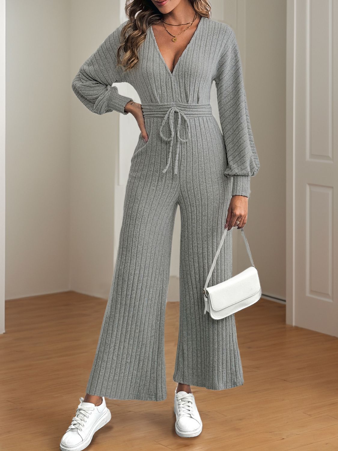 V-Neck Long Sleeve Wide Leg Jumpsuit  Trendsi   