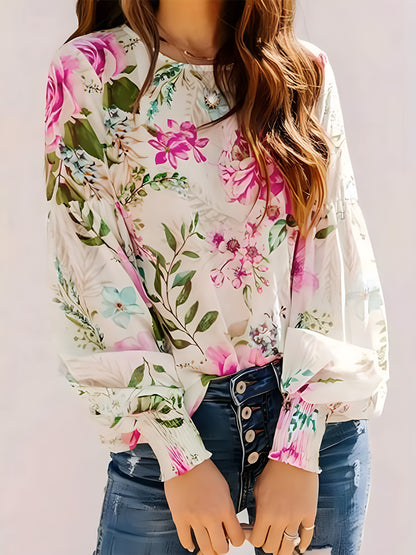 Printed Round Neck Lantern Sleeve Blouse Blouse Trendsi Hot Pink S 