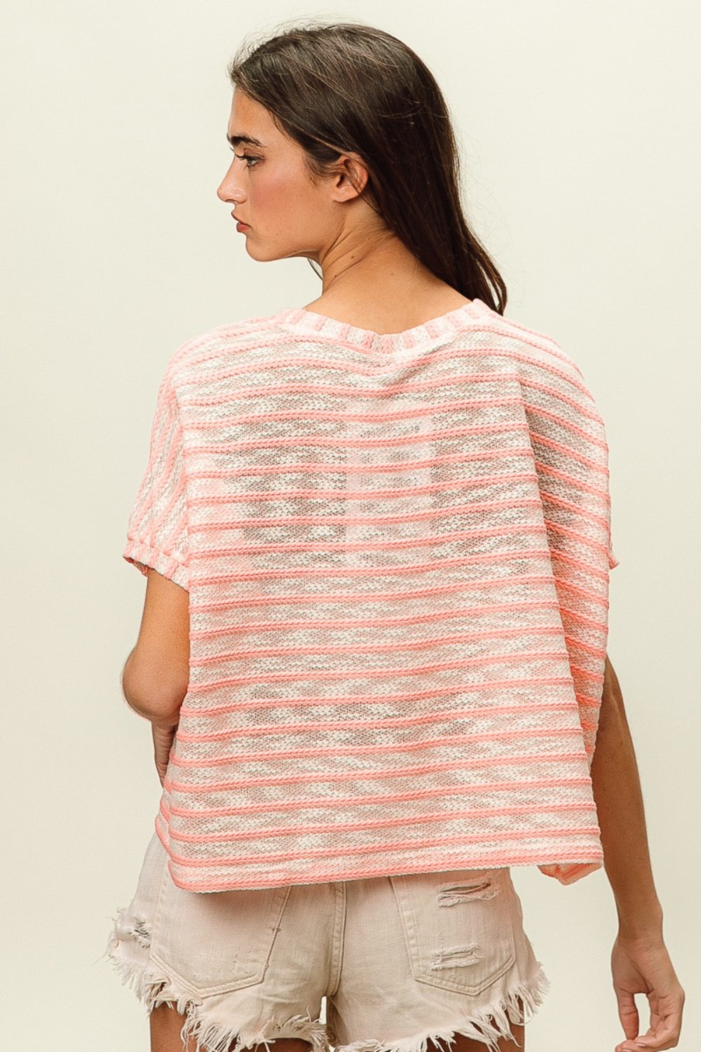 BiBi Braid Striped Short Sleeve Round Neck T-Shirt  Trendsi   