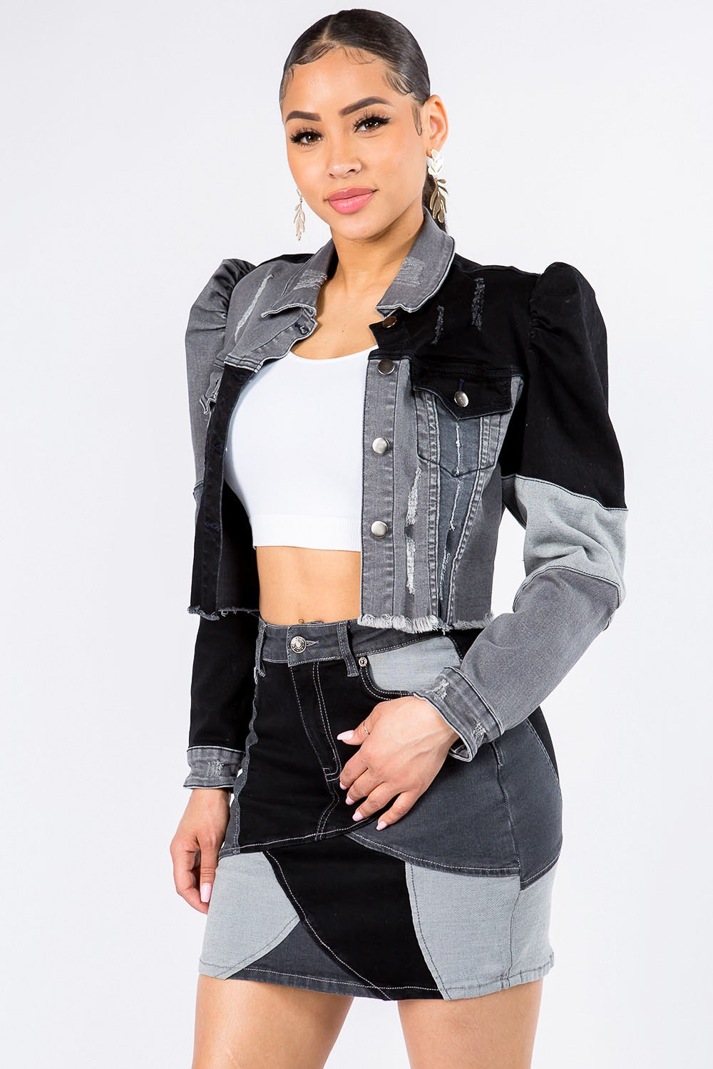 American Bazi Button Up Cropped Patchwork Denim Jacket  Trendsi   