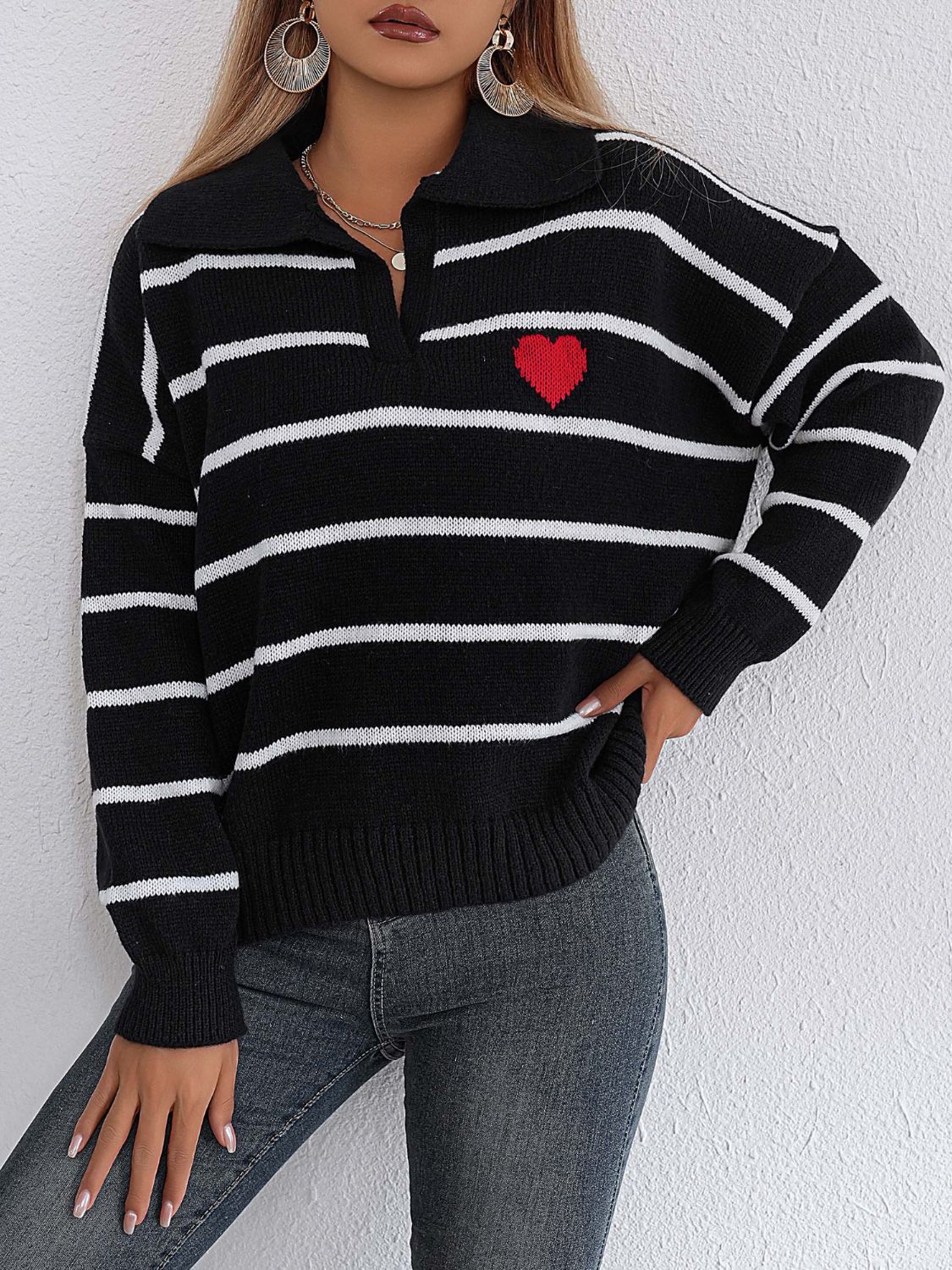 Striped Johnny Collar Long Sleeve Sweater  Trendsi Black One Size 