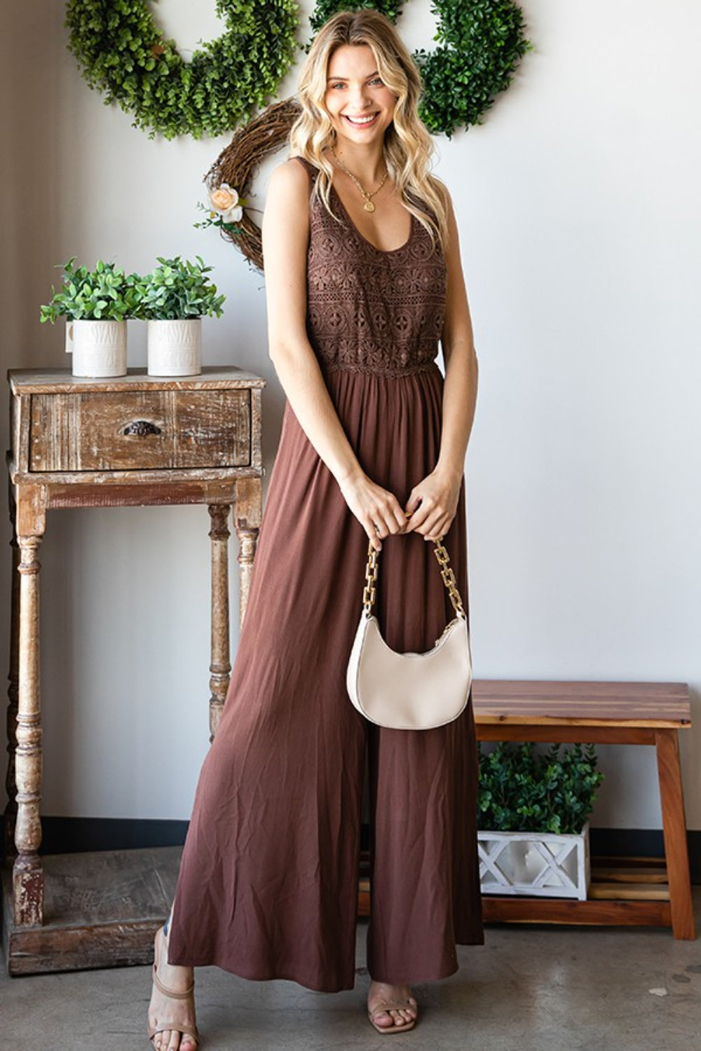 First Love Tie Back Sleeveless Slit Wide Leg Jumpsuit  Trendsi   