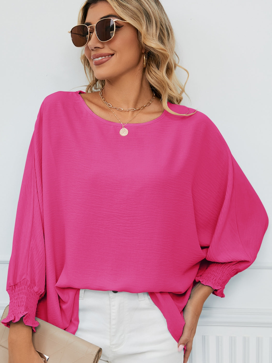 Smocked Lantern Sleeve Round Neck Blouse Blouse Trendsi   