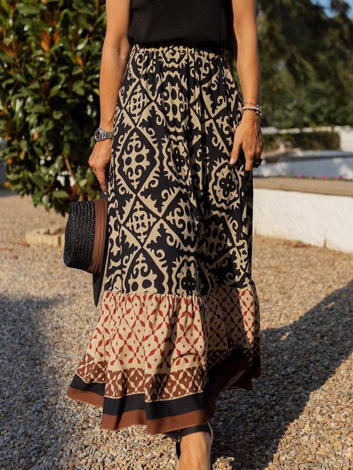 Geometric Elastic Waist Maxi Skirt  Trendsi Black S 