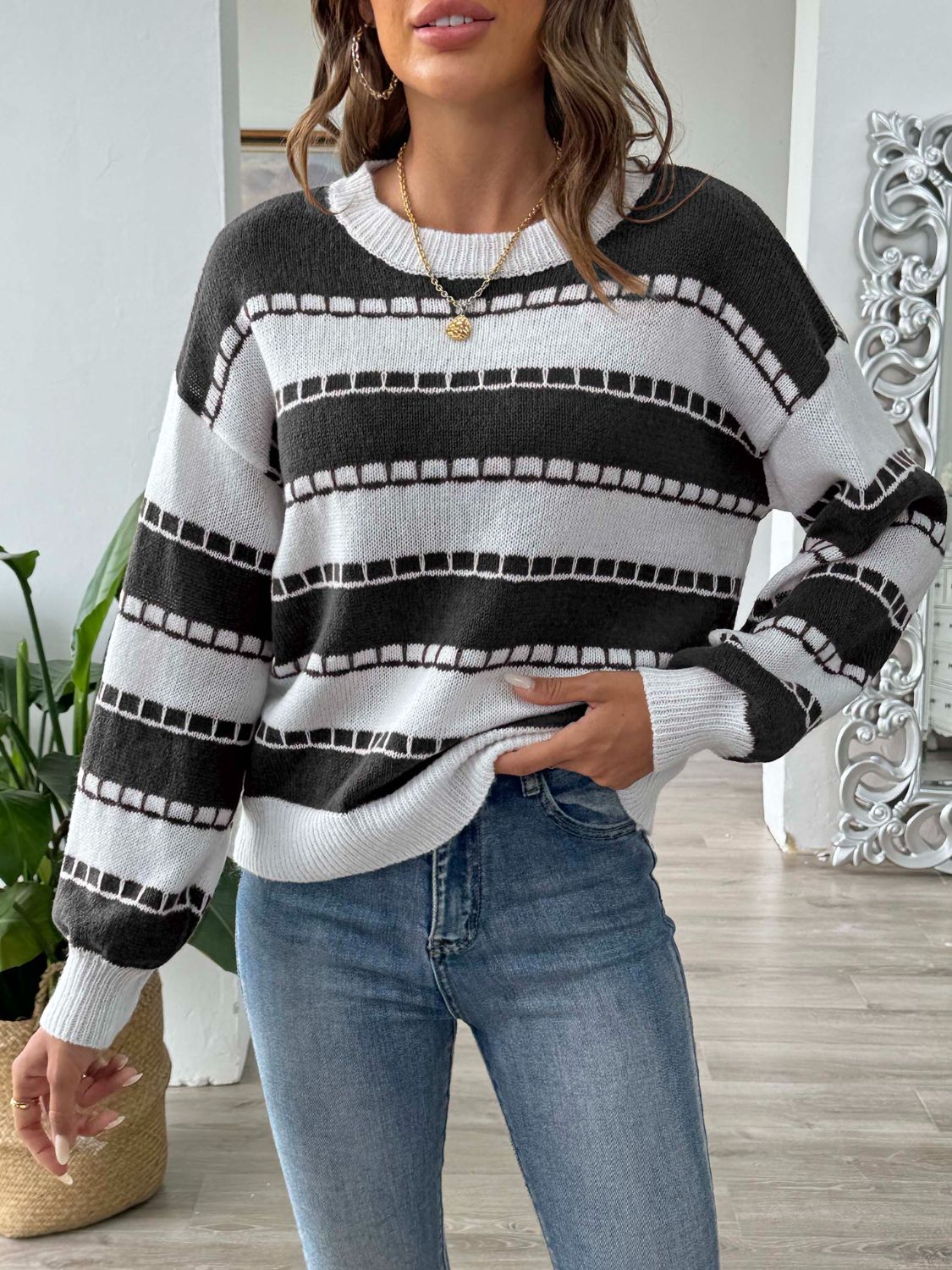 Striped Round Neck Long Sleeve Sweater  Trendsi   