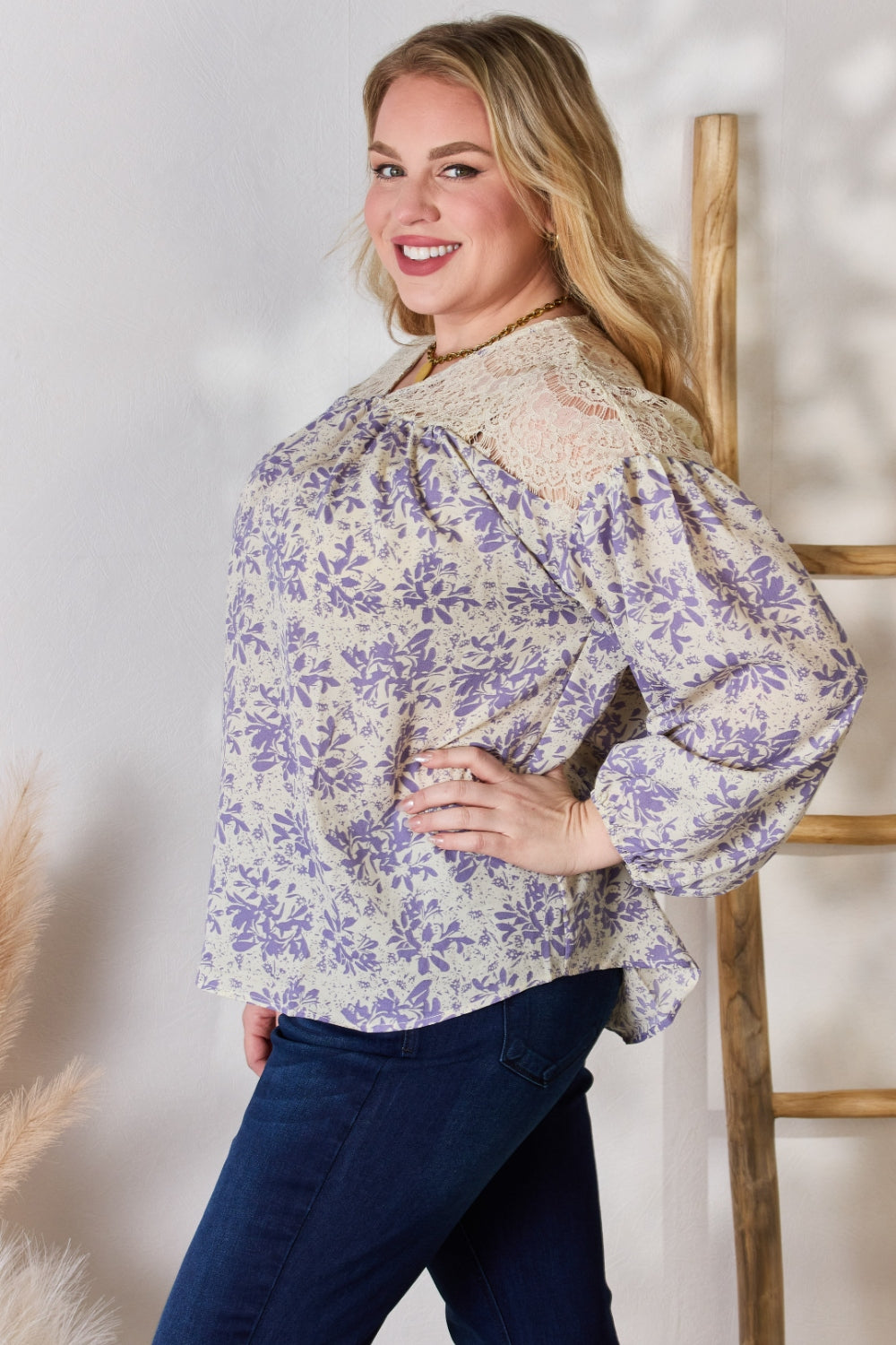 Hailey & Co Full Size Lace Detail Printed Blouse  Trendsi   