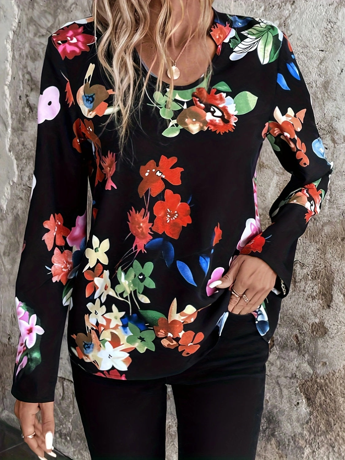 Printed Notched Long Sleeve Blouse Blouse Trendsi   