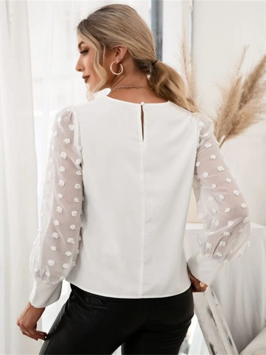 Swiss Dot Round Neck Long Sleeve Blouse Blouse Trendsi   