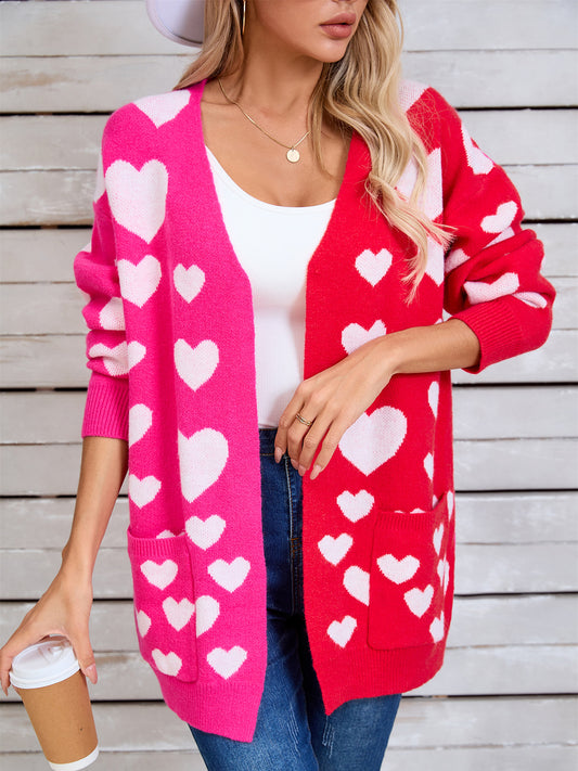 Angel Wings Heart Open Front Long Sleeve Cardigan  Trendsi Hot Pink S 