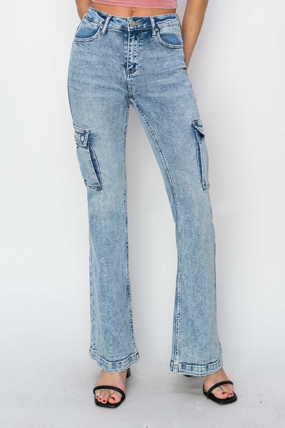 RISEN Full Size High Rise Cargo Flare Jeans  Trendsi   