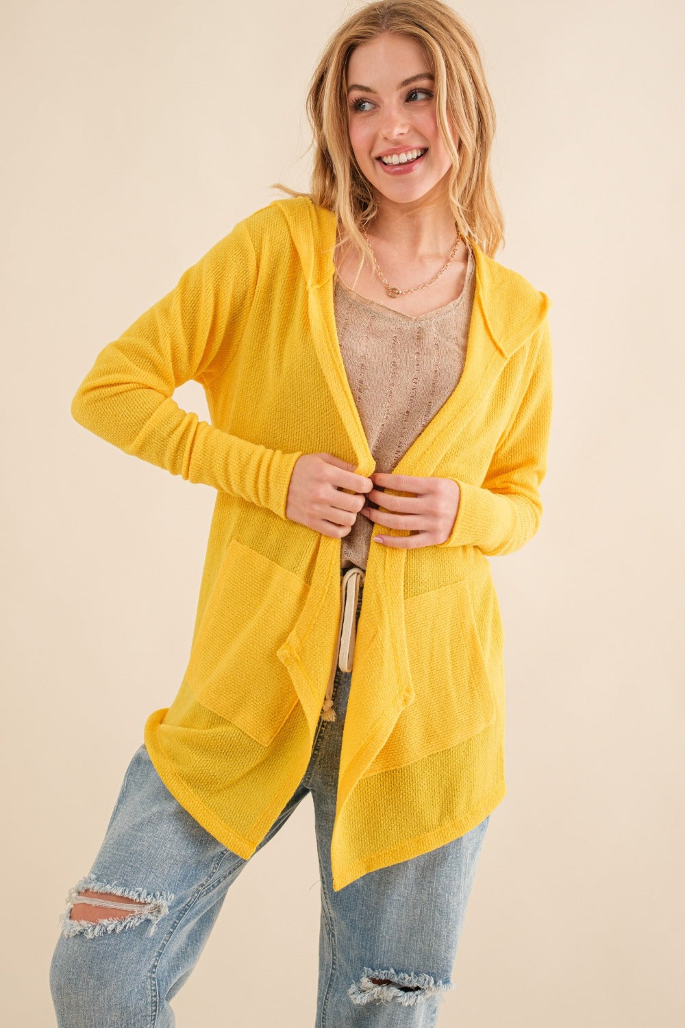 And The Why Full Size Thermal Hooded Open Front Cardigan with Pockets Luxe Trendsi Vivid Yellow S 