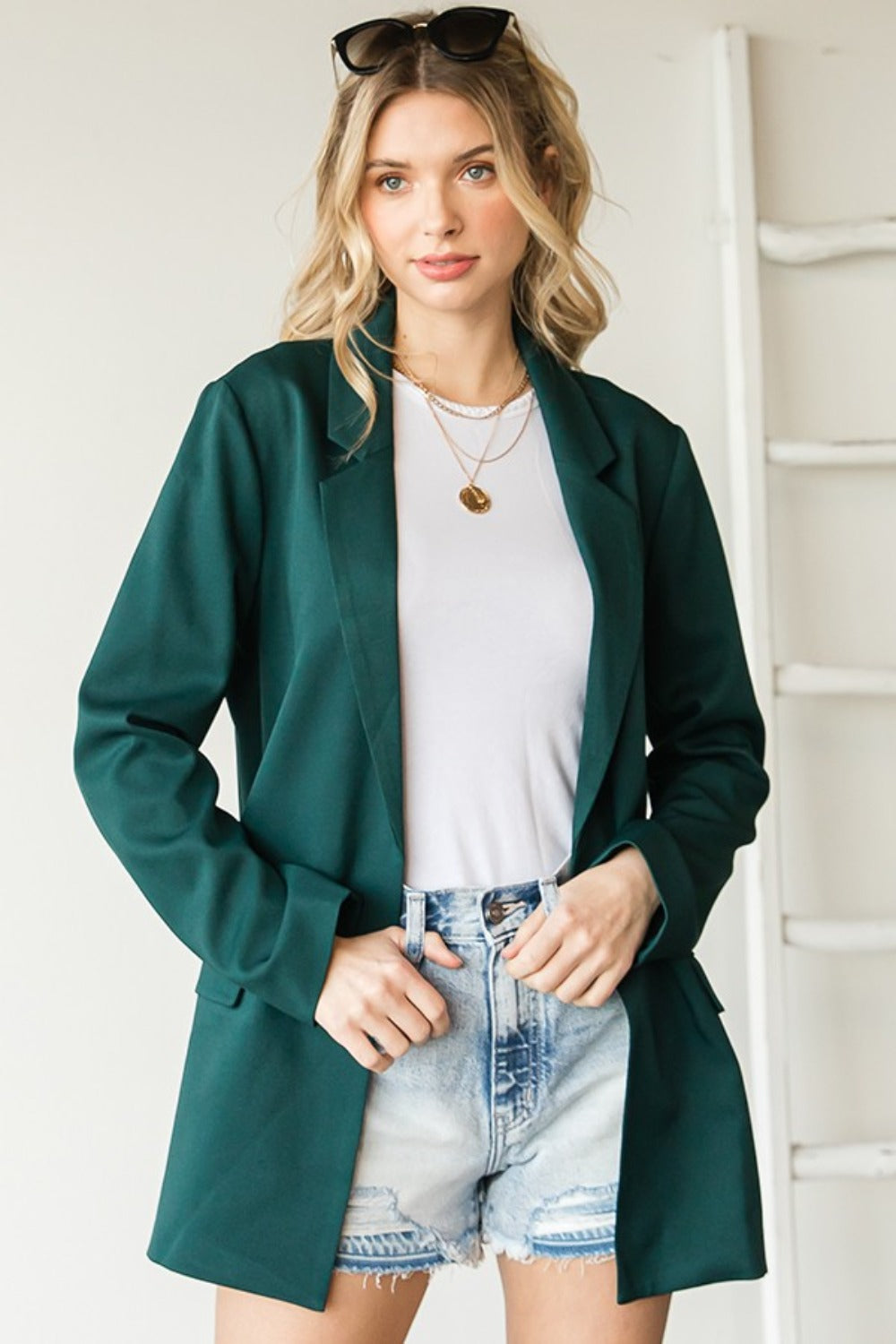 First Love Full Size Open Front Long Sleeve Blazer with Pockets Luxe Trendsi Hunter Green S 