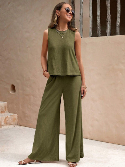 Round Neck Sleeveless Top and Wide Leg Pants Set  Trendsi Army Green S 