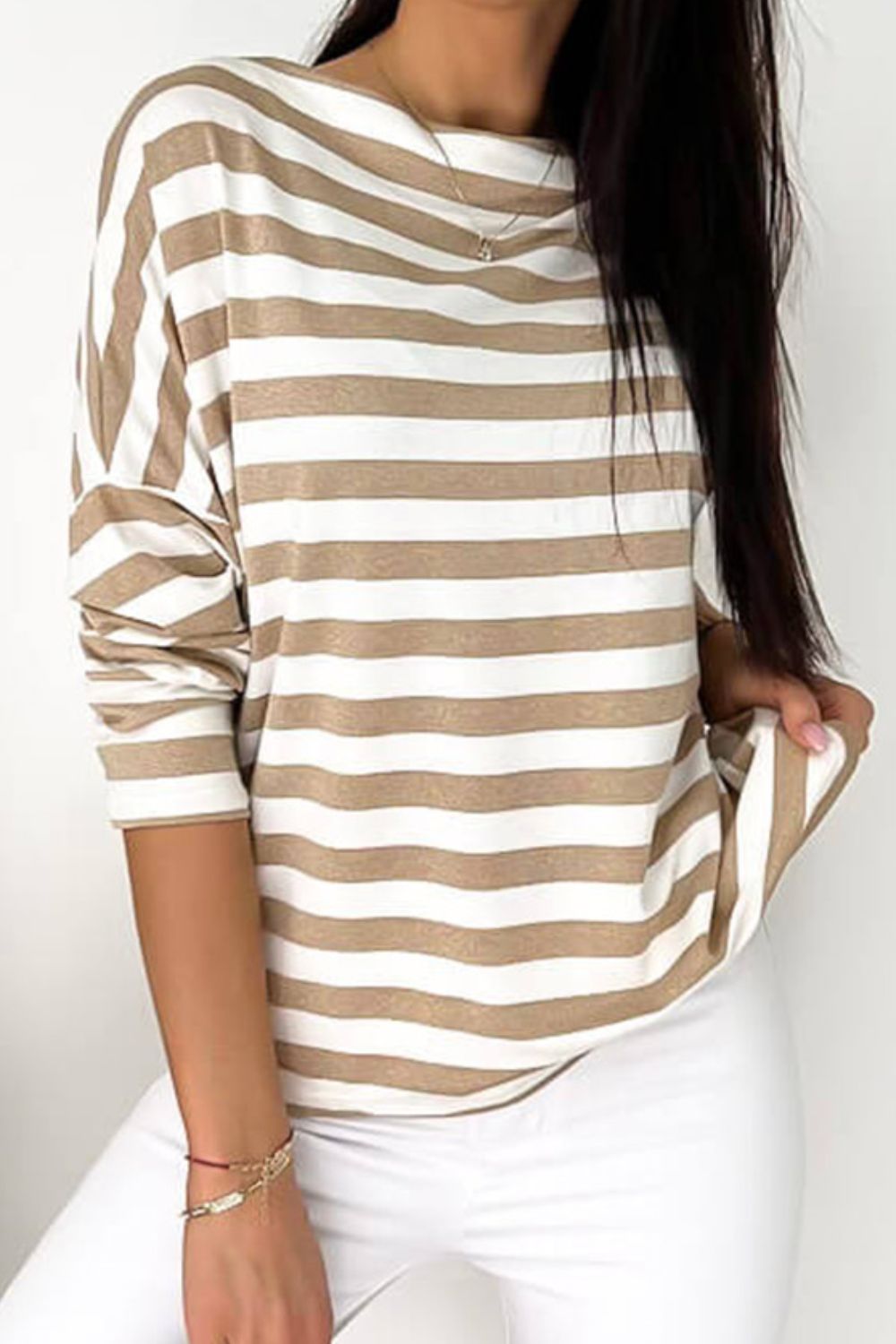 Striped Round Neck Long Sleeve Blouse Blouse Trendsi   