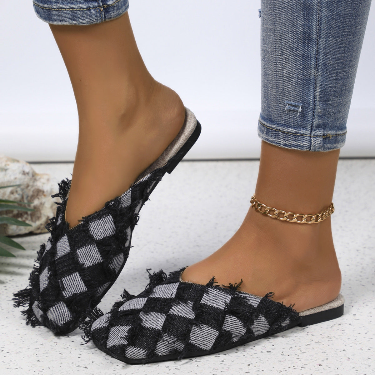 Plaid Square Toe Flat Slippers  Trendsi   