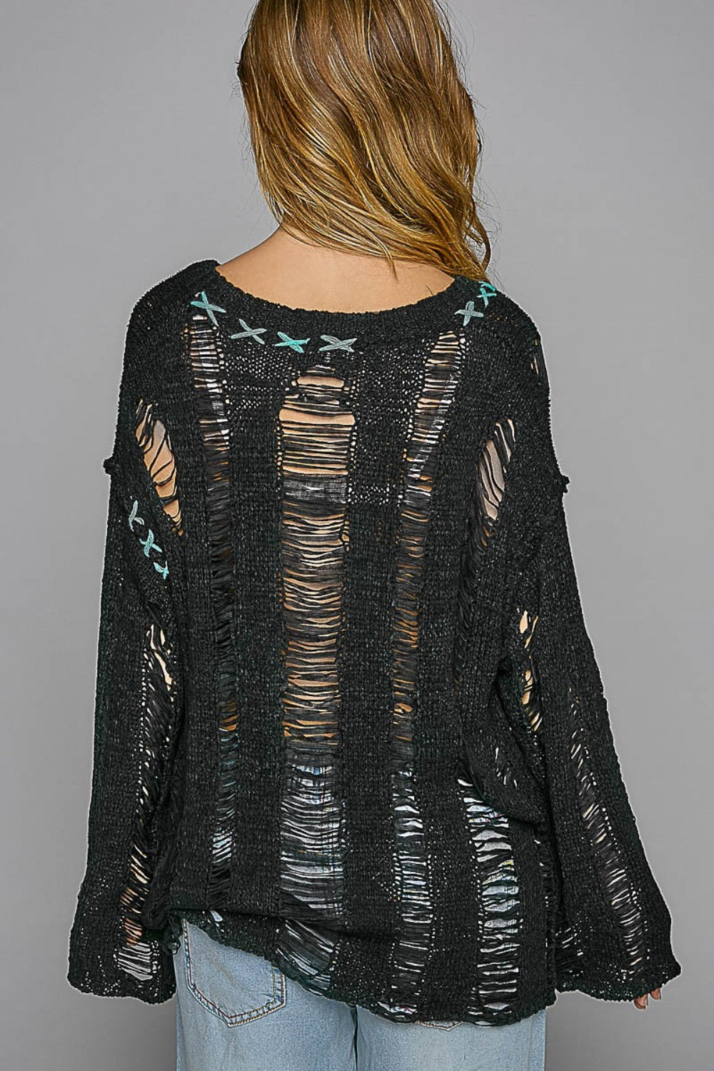 POL Distressed Dropped Shoulder Long Sleeve Knit Top  Trendsi   