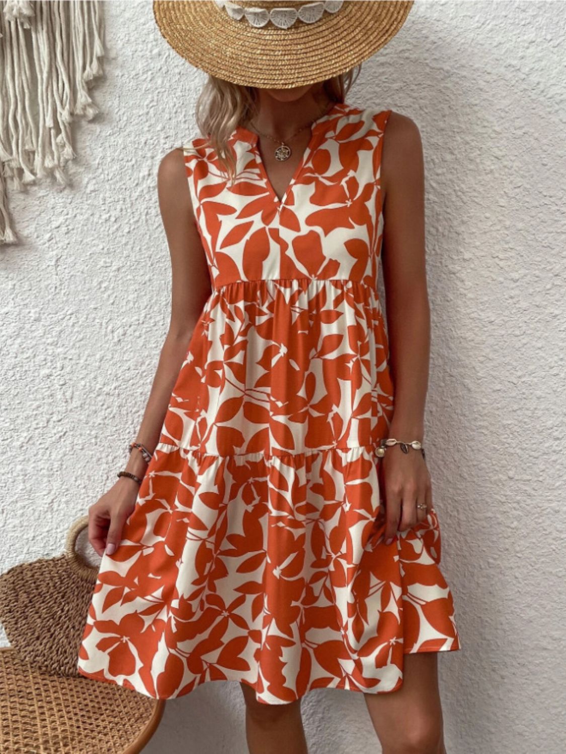 Printed Notched Sleeveless Mini Dress Dress Trendsi   