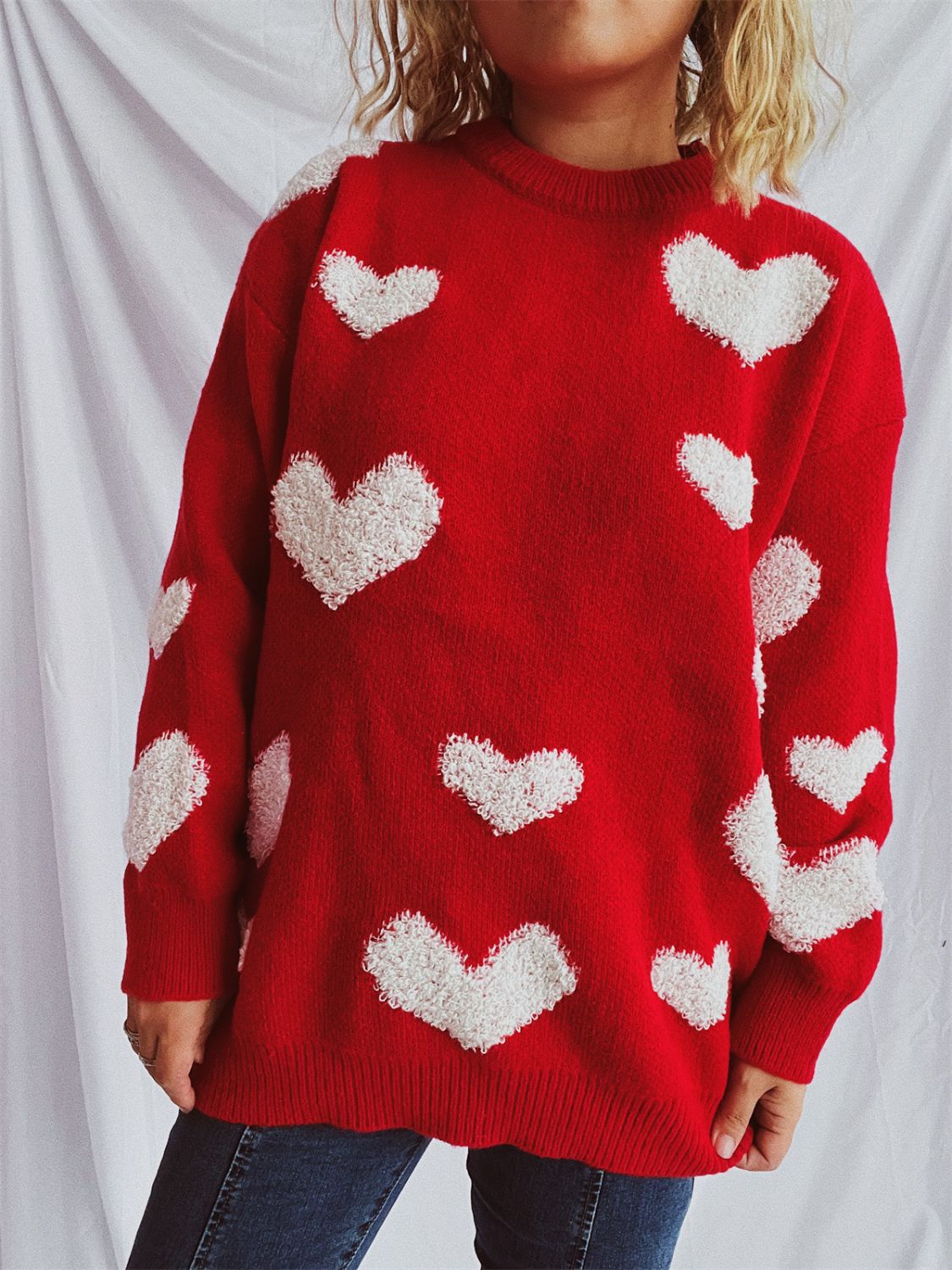 Heart Round Neck Dropped Shoulder Sweater  Trendsi   