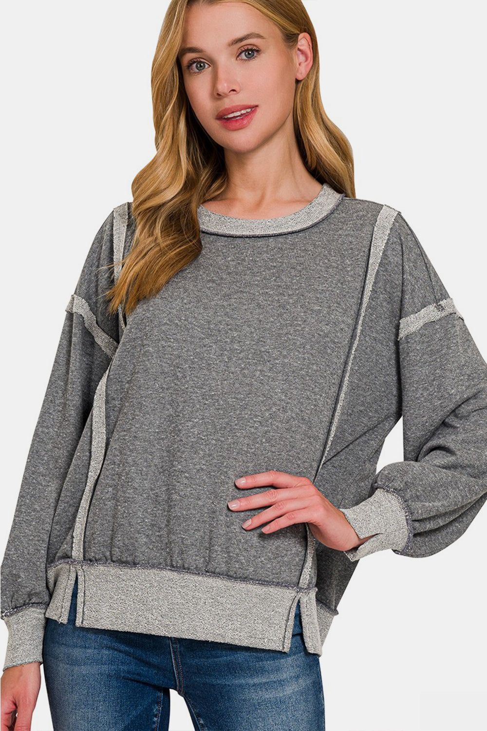 Zenana Washed Exposed-Seam Sweatshirt  Trendsi   