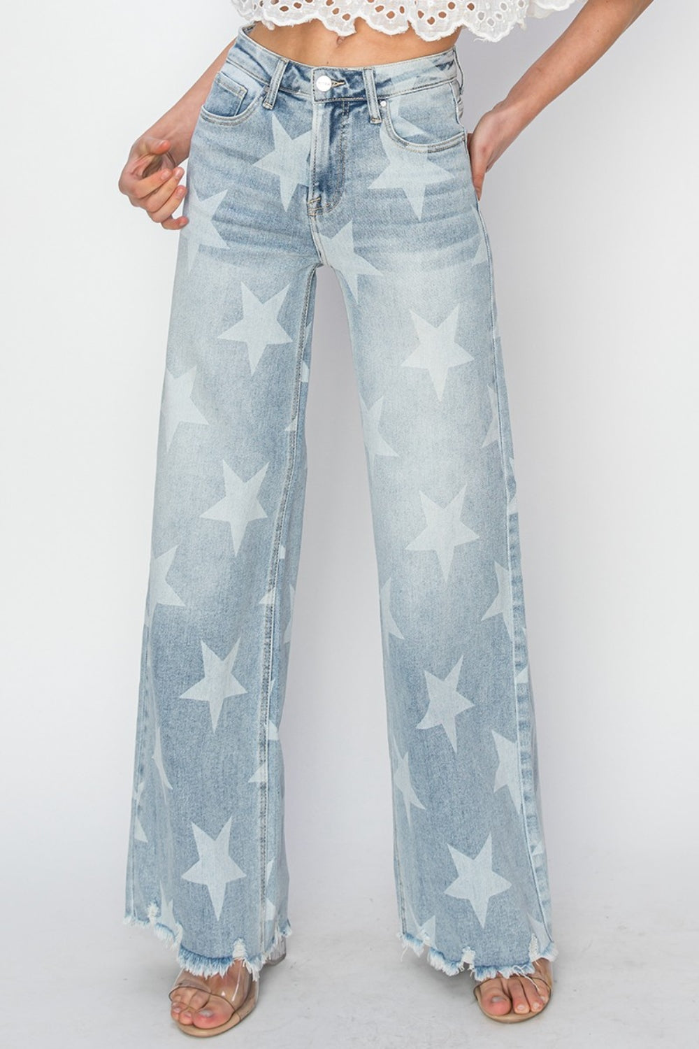 RISEN Full Size Raw Hem Star Wide Leg Jeans  Trendsi   