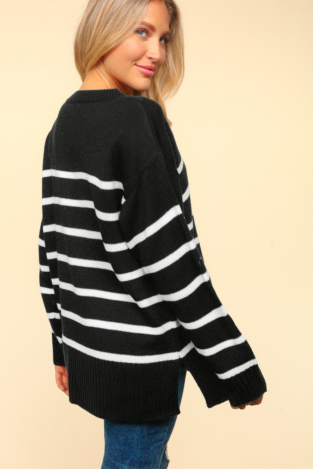 Haptics Full Size Striped Contrast Side Slit Sweater  Trendsi   