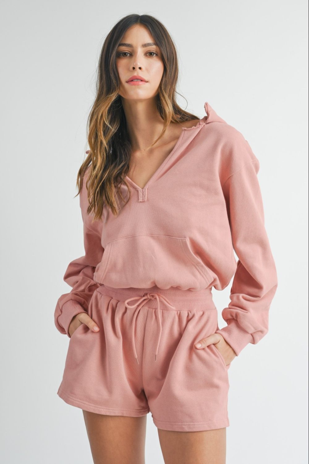 MABLE French Terry Hooded Romper  Trendsi Dusty Mauve S 