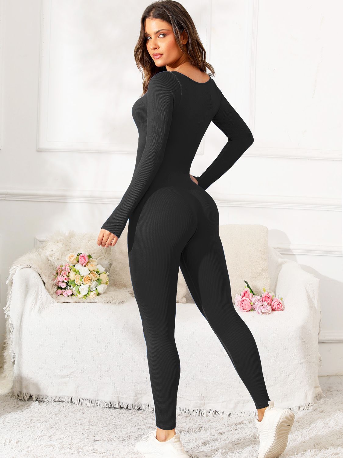 Scoop Neck Long Sleeve Active Jumpsuit  Trendsi   